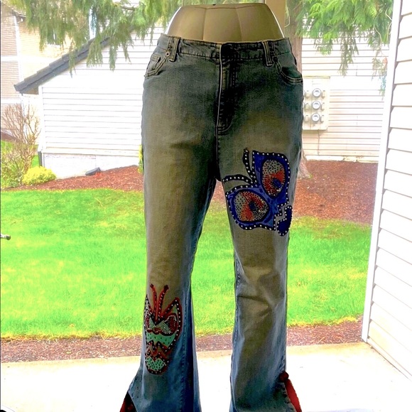 Women’s EUC VINTAGE HAND CRAFTED UPCYCLED LAND’S END Flare Jeans Sz 14T - Picture 7 of 16